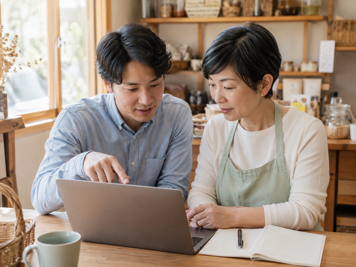 専門用語を使わず隣で画面を見ながら相談する様子