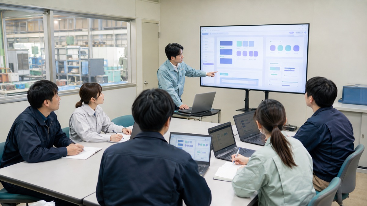 製造業の社内でAI活用講習を行う様子