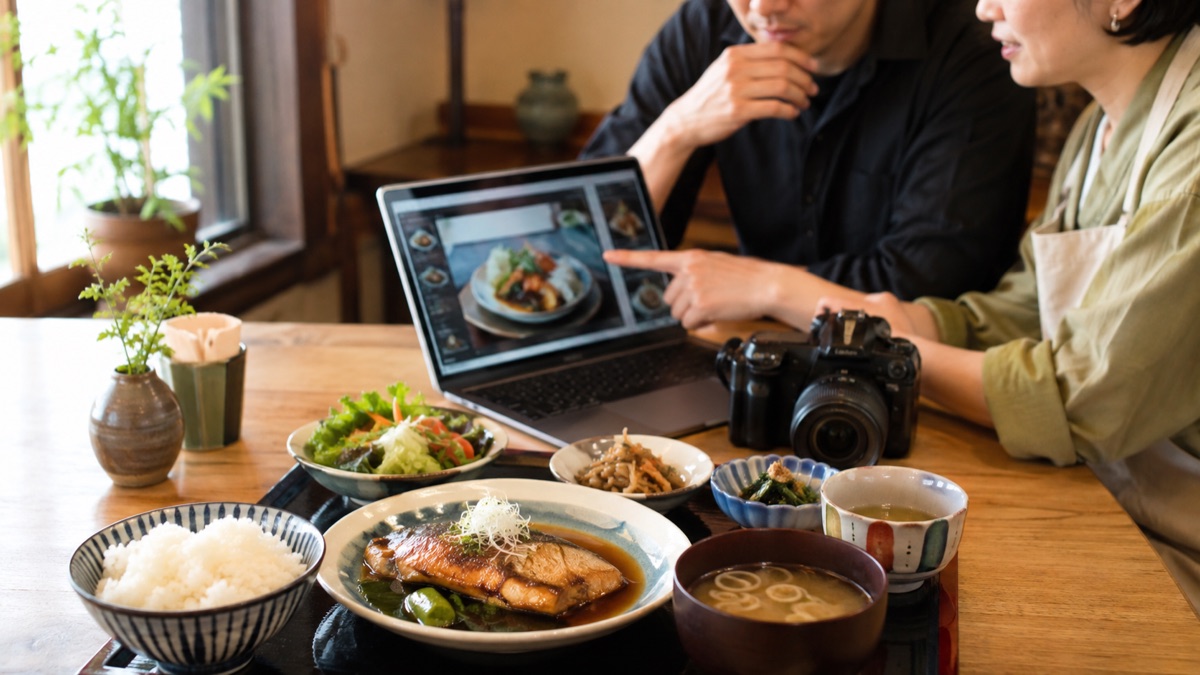 飲食店の料理写真を撮影しホームページ用に確認する様子