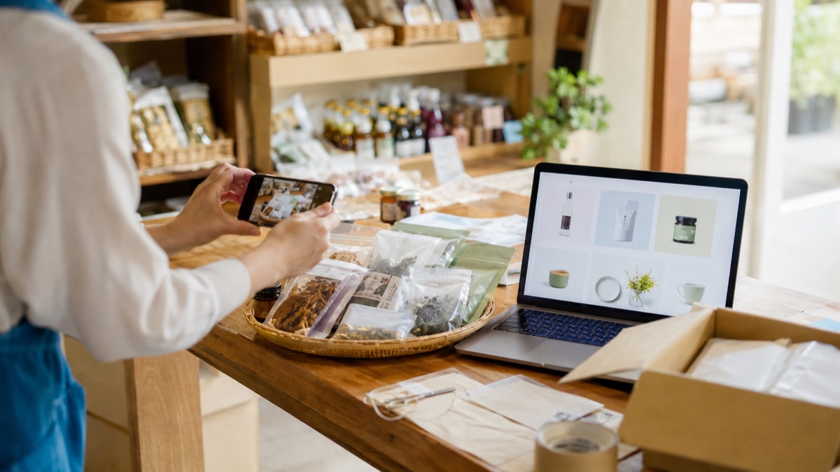小売店の商品を撮影してネット注文ページへ登録する様子