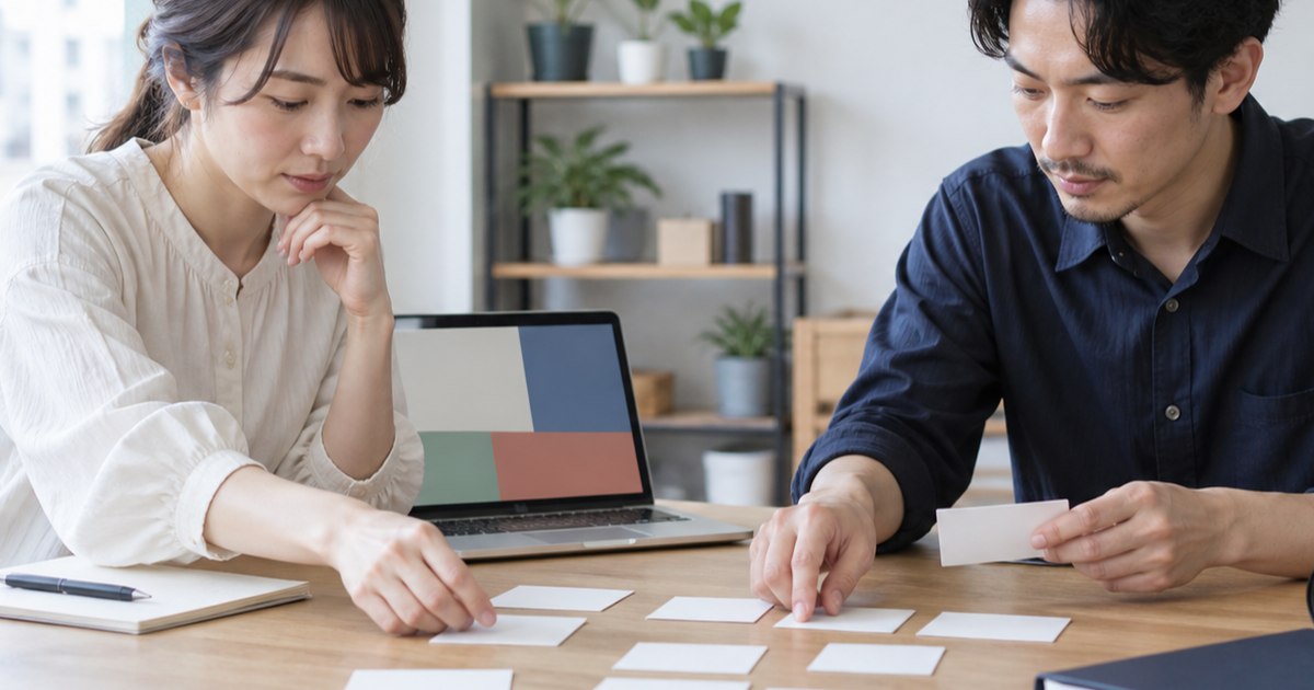 ホームページ公開後の更新担当を決めるため白いカードを並べて相談する二人の担当者