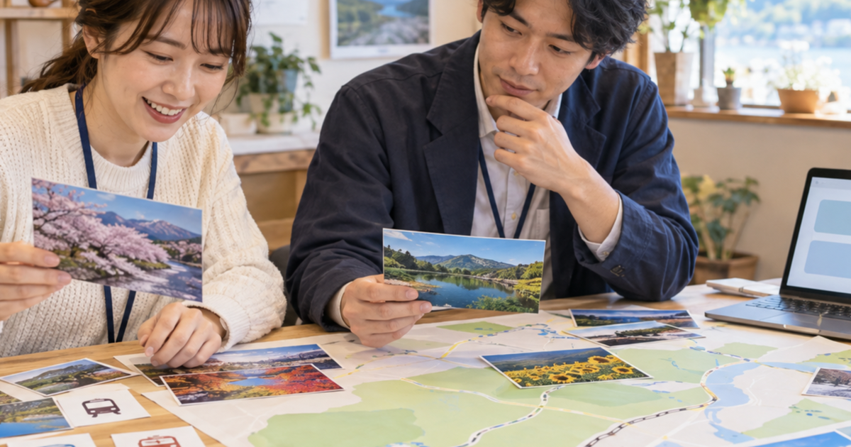 地図と季節写真を机に広げてAIへ渡す観光案内の情報を整理する二人の担当者