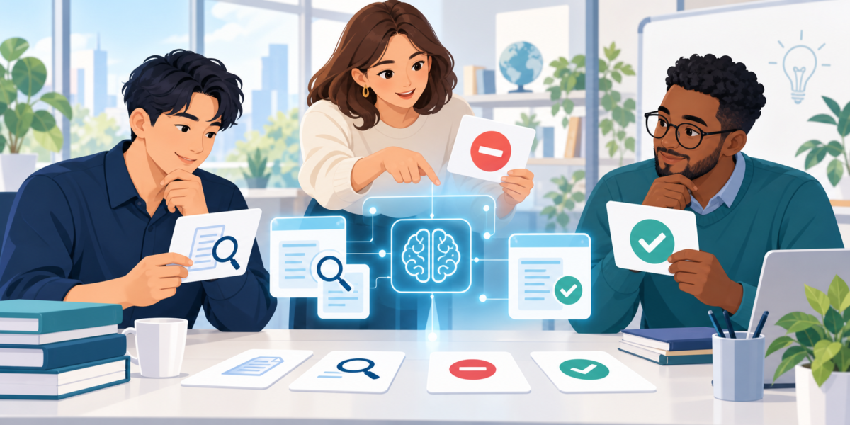 社員が生成AIの練習課題に取り組み回答の根拠と確認項目を照合する横長イラスト