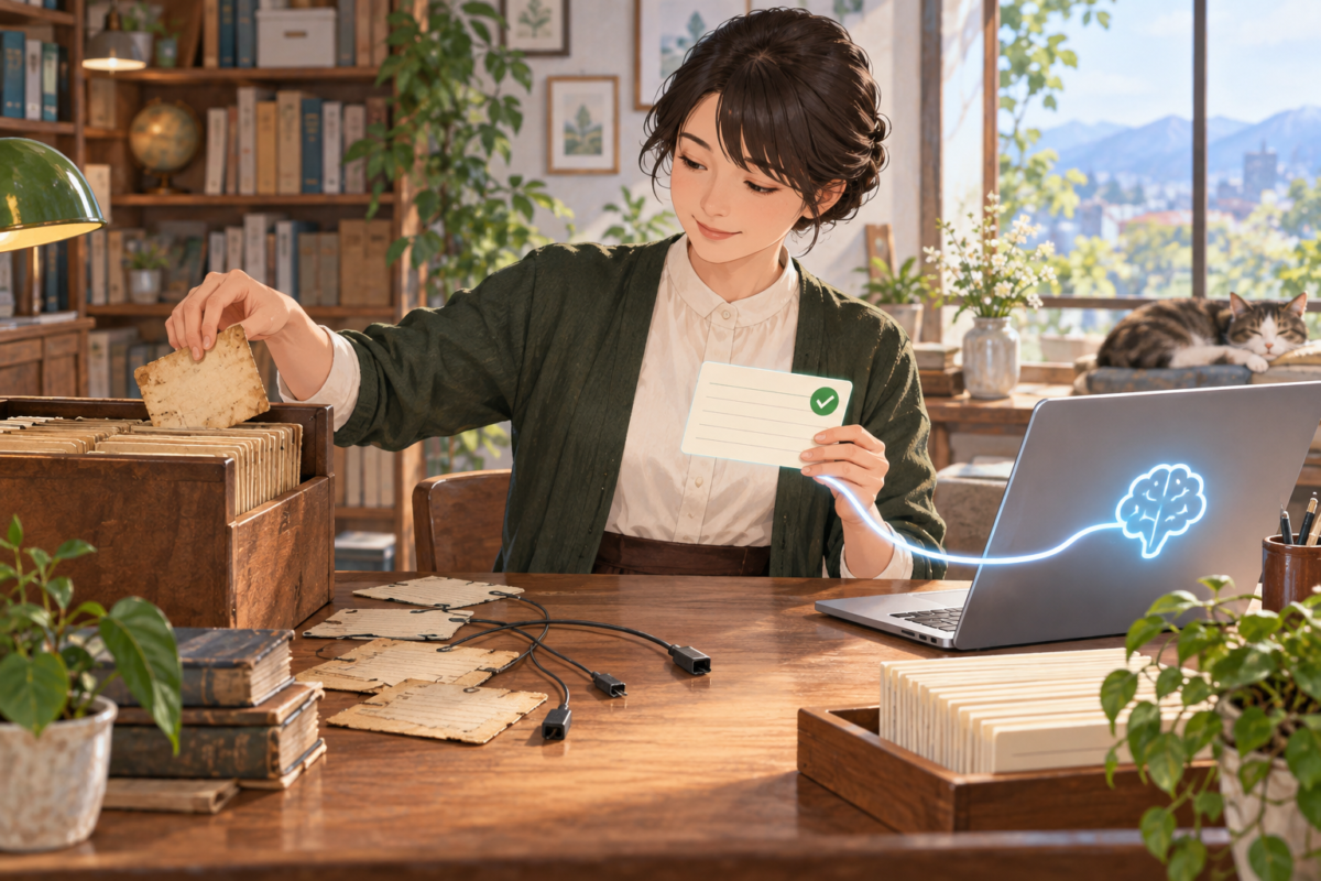 廃止した資料を保管用トレーへ分離し現行資料をAI検索へ接続するイラスト