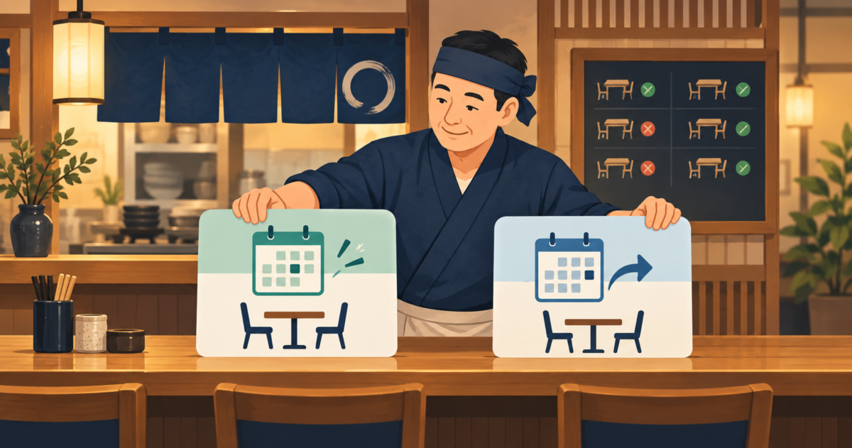 飲食店の店主が空席案内と再来店案内を別々の配信計画に整理するイラスト