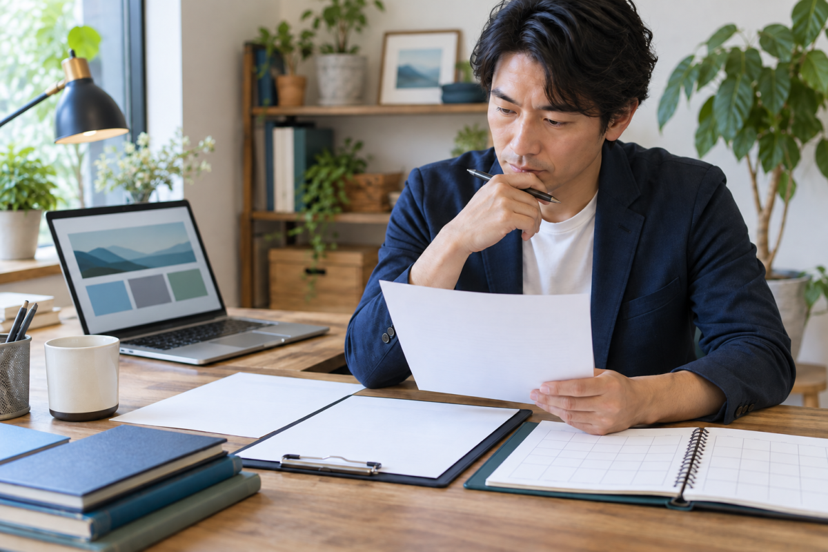 補助金の公募条件とホームページ制作の見積書を照合する事業者のイメージ