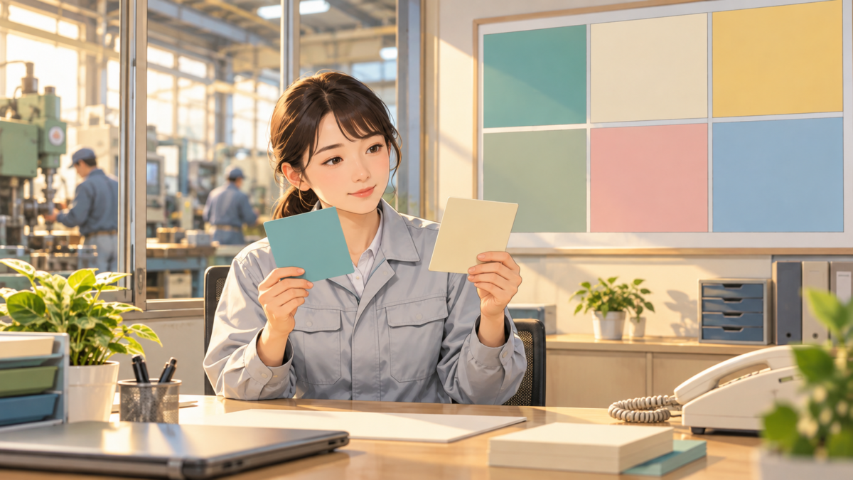 材料と作業予定を表すカードを見比べる工場の担当者