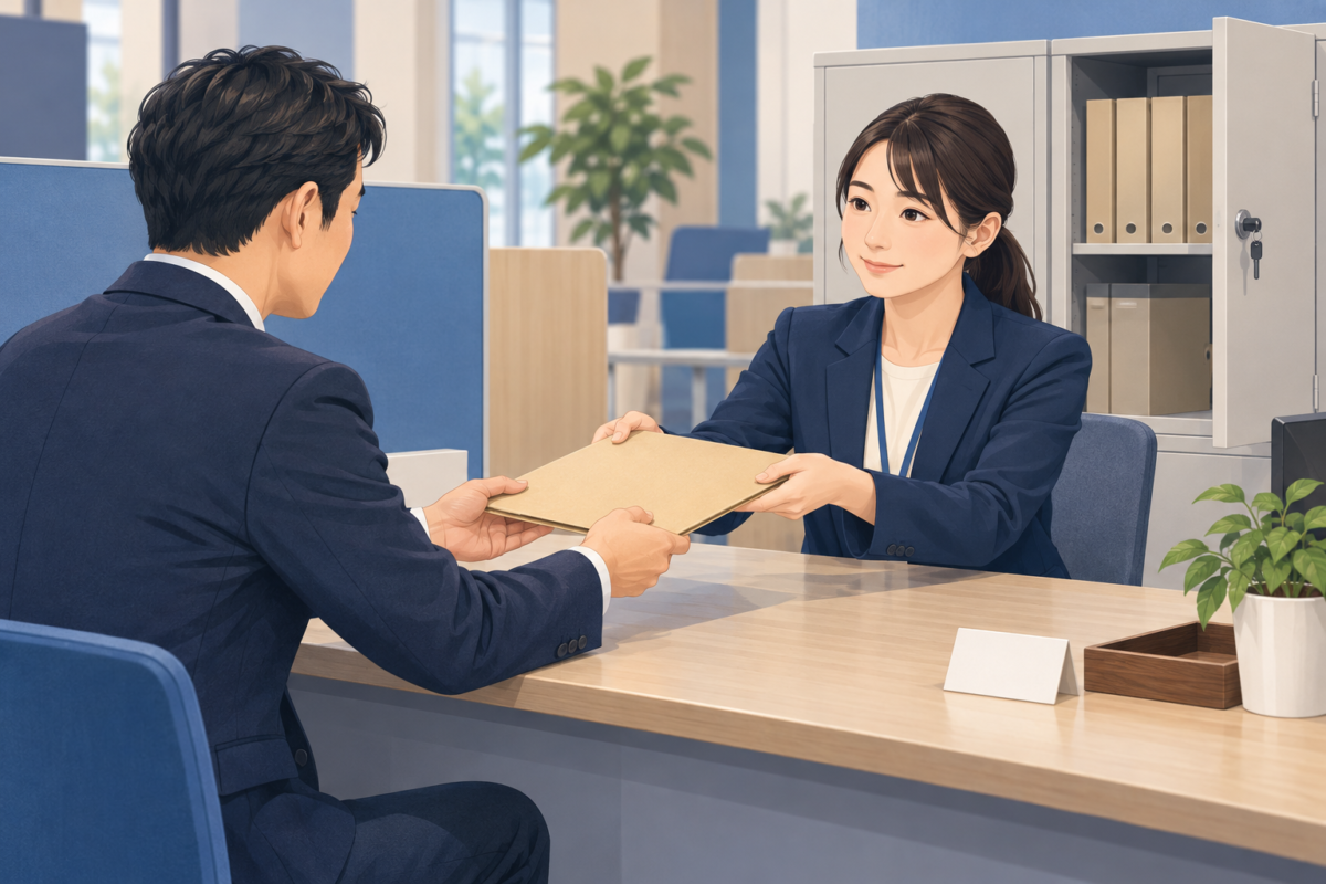 相談資料の受渡しと保管場所を確認する自治体の窓口担当者