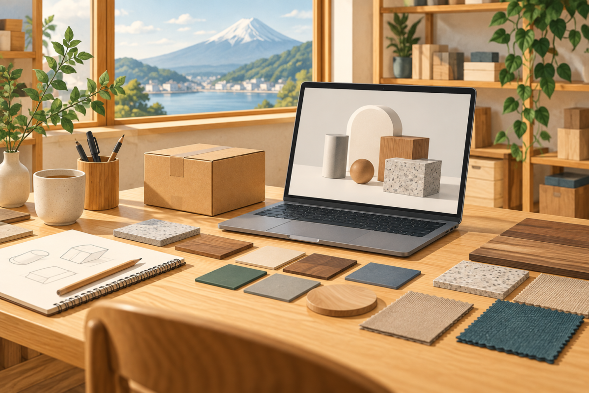 製品サンプルと受付から発送までの案内を確認する机