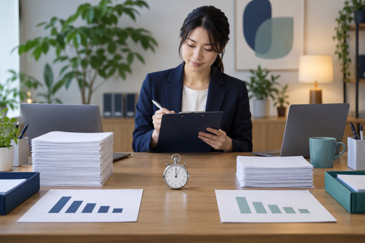同条件の作業時間を時計と比較シートで確かめる担当者のイメージ