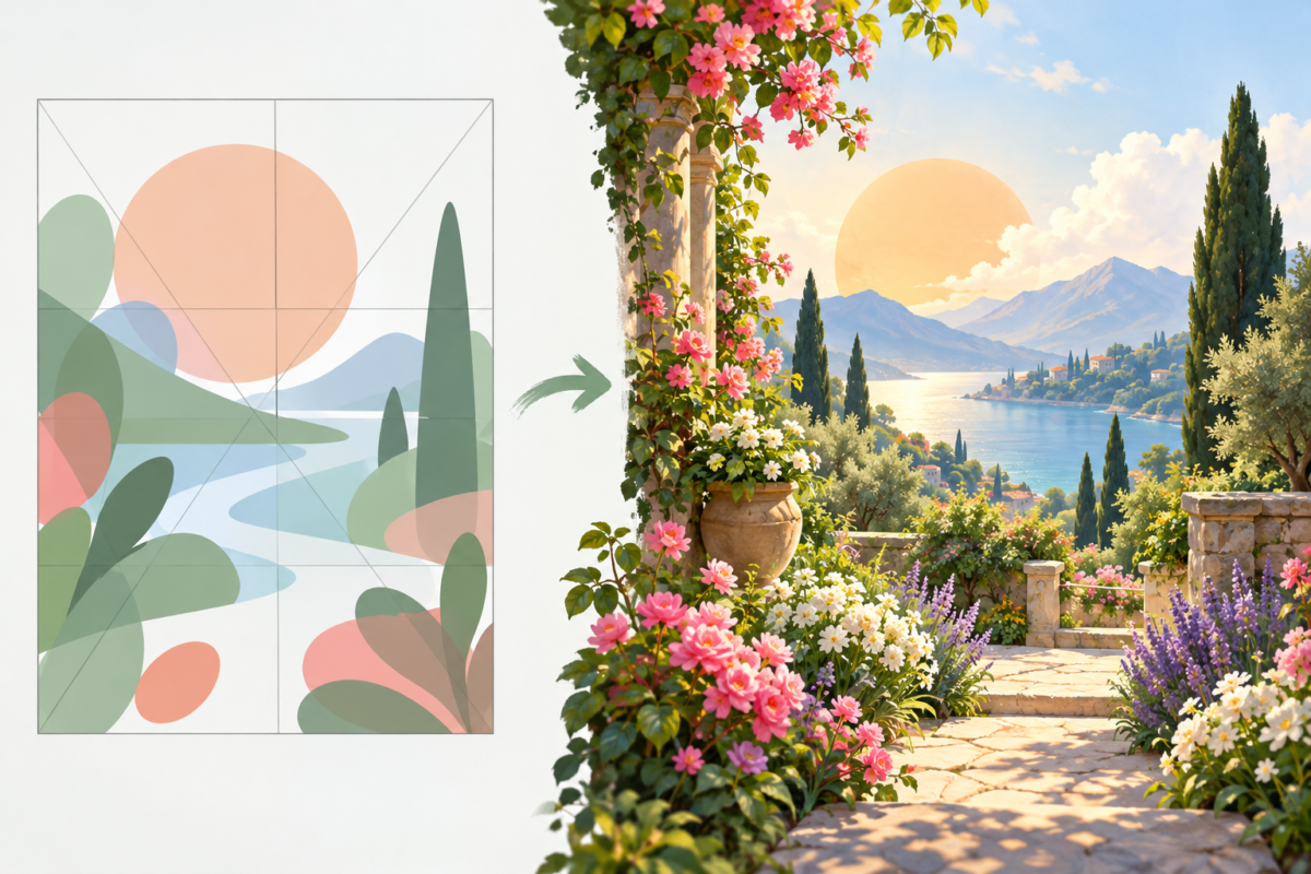 構図の計画から画像の描画へ進む二段階を表すイラスト