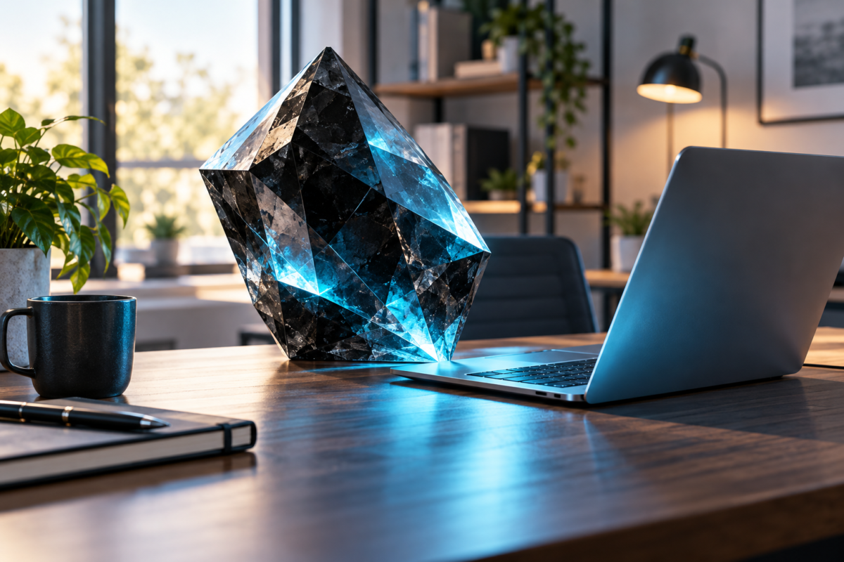 青い光を受ける結晶とノートパソコンを描いた技術イメージ