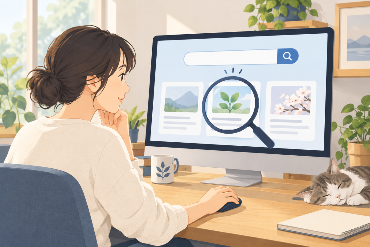 検索欄と検索結果を表示した画面を確認する事業者のイラスト