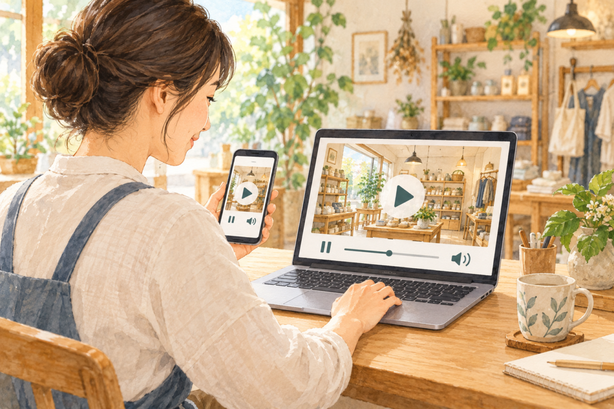 パソコンとスマートフォンで動画の再生操作を確認する事業者のイラスト