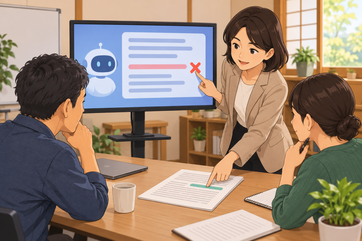 AI研修で講師が誤回答と原資料を並べて訂正を説明するイラスト