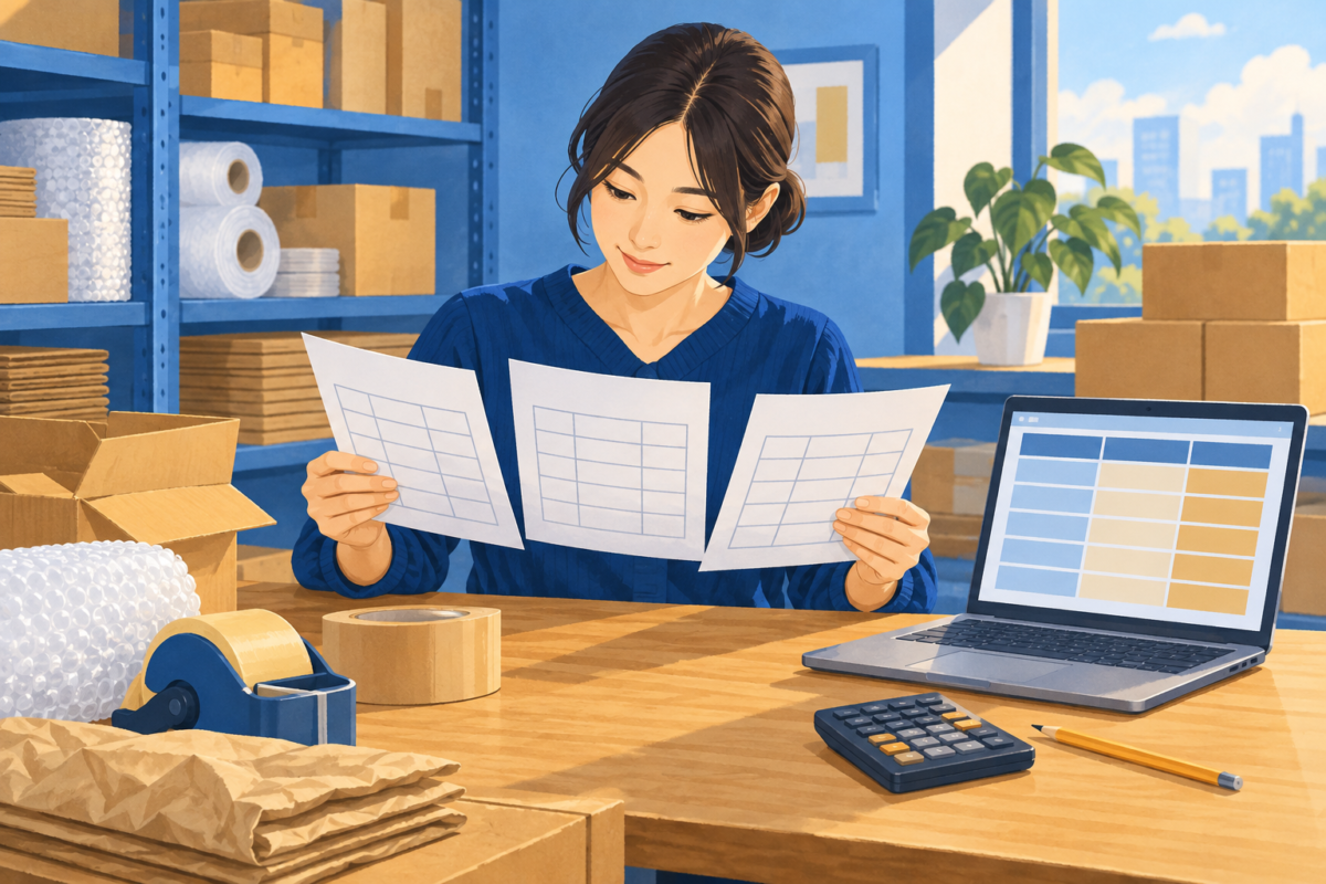 三つの仕入見積を梱包資材の数量と価格に照らして比べる担当者のイラスト
