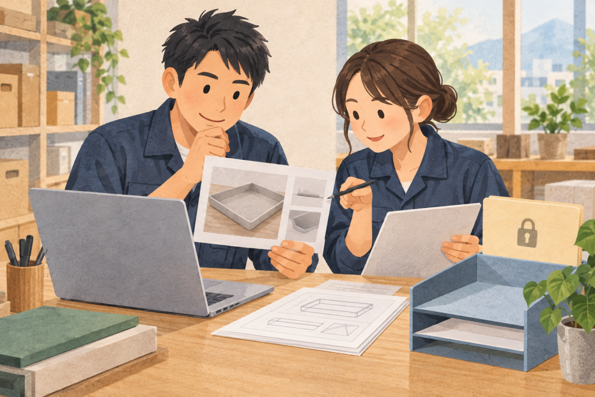 問い合わせで届いた写真と資料を確認し権限のある保管先へ整理する二人のイラスト