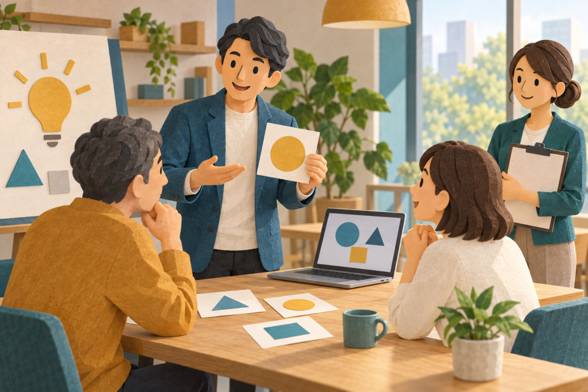講師の説明を聞く参加者と比較メモを取る運営担当者のイラスト