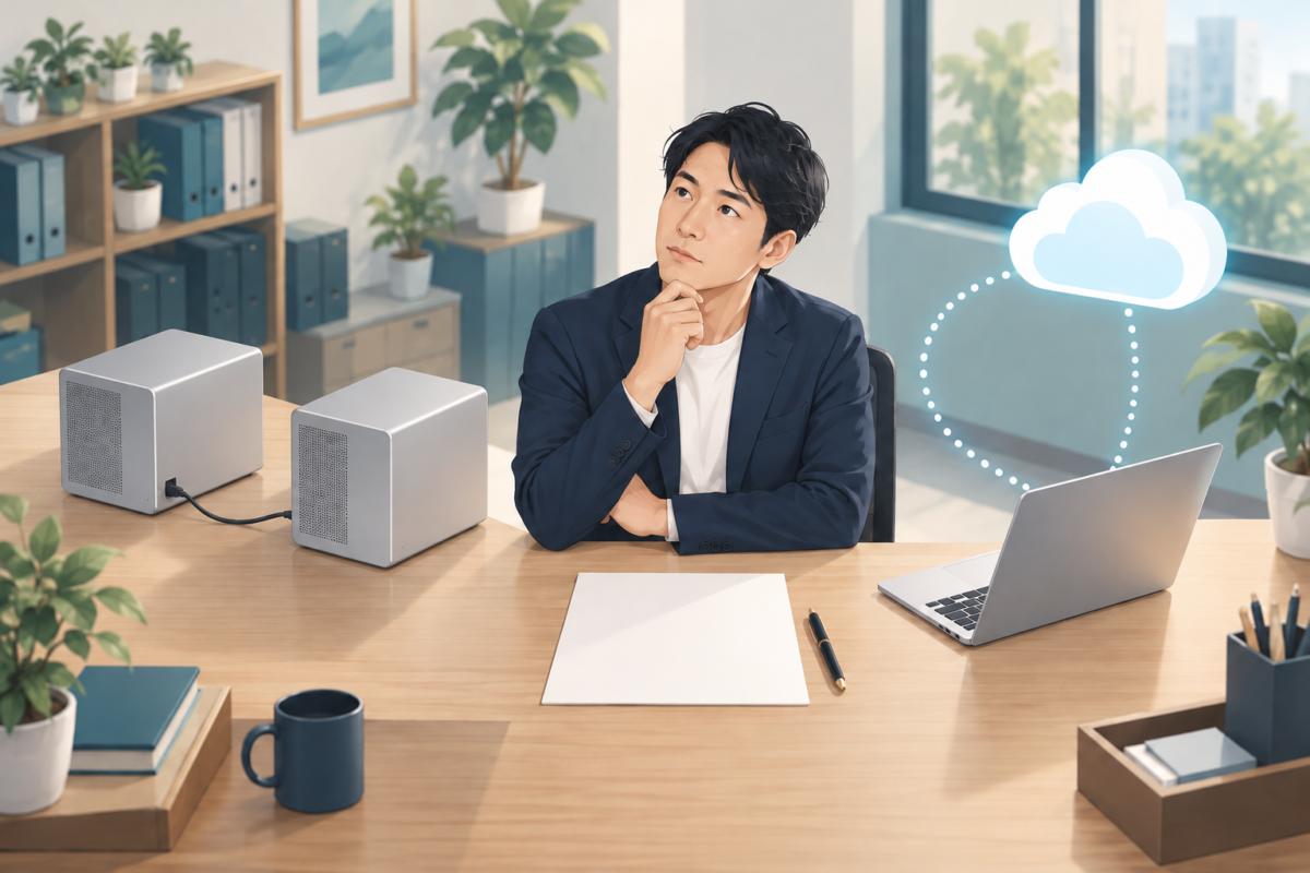 社内の二台の小型コンピューターと外部クラウドの選択を考えるイラスト
